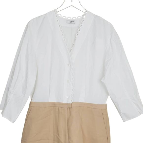 Sandro Paris Warren Beige Scalloped Button Front Romper M NEW Pockets Wide Leg - Picture 4 of 12